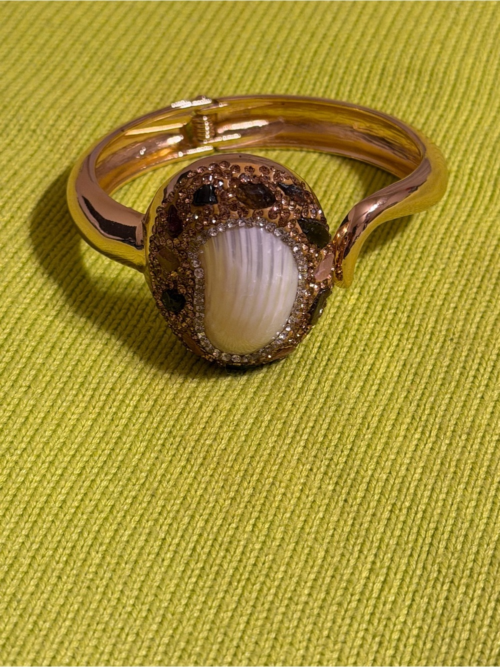Gold-Tone Faux Pearl Shell Accent Hinged Bangle Bracelet - Women Jewelry
